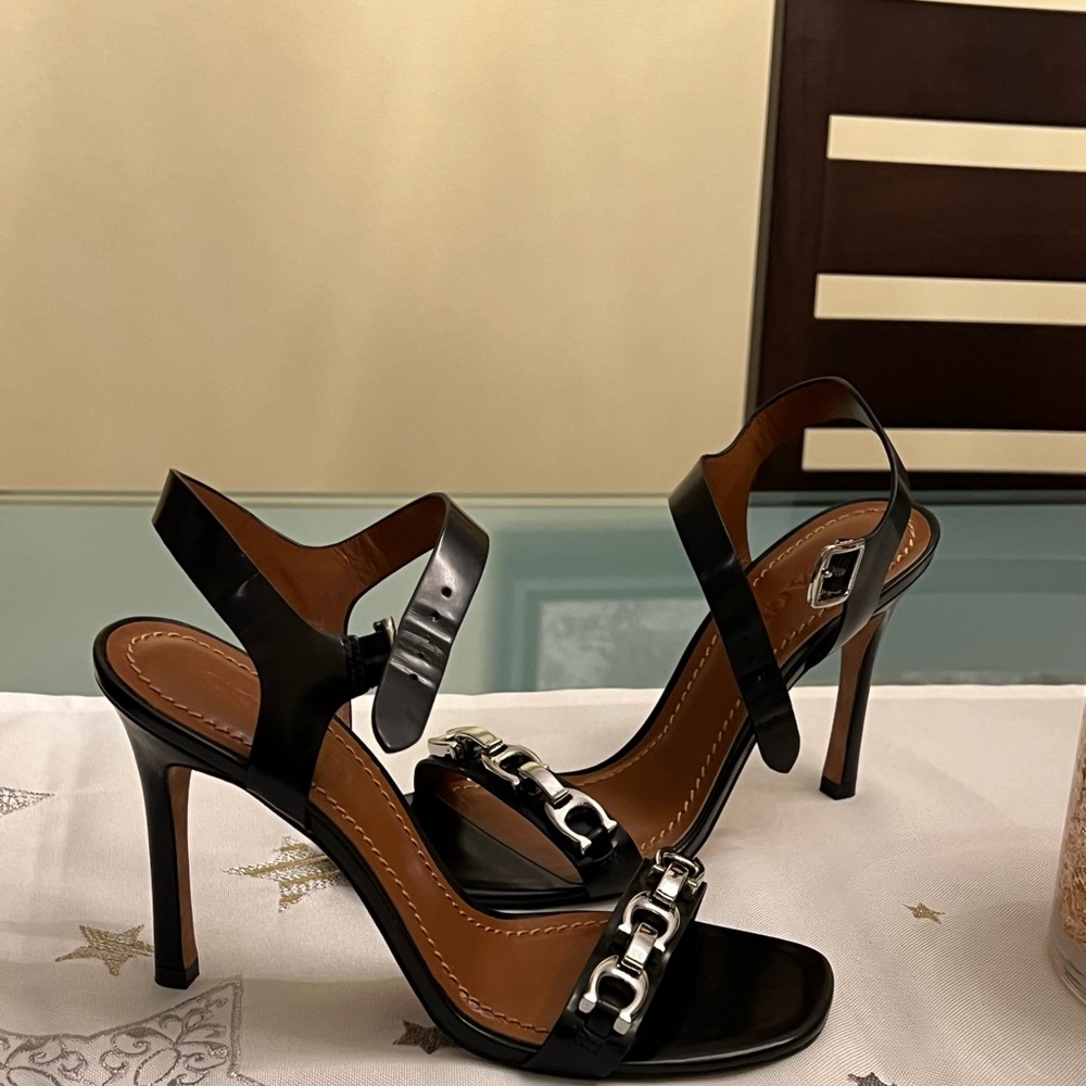 Coach Black Strappy Heels with Silver Accents
